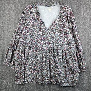 Wonderly Floral Babydoll Top Women 3X Blue Pink Very Good Tiered V-Neck Blouse